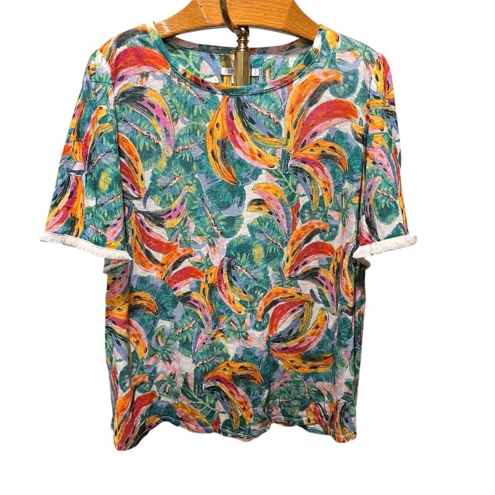 Chico's 100% Linen Tropical Banana Print Short Sleeve Top Size 3 - Picture 1 of 10